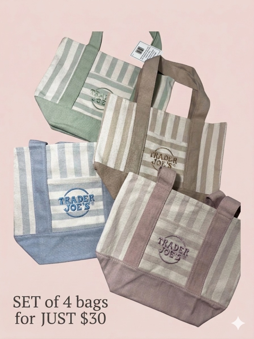 Trader Joe's Striped Canvas Tote Bag - Set (4);  Blue, Green, Taupe, Mauve NWT